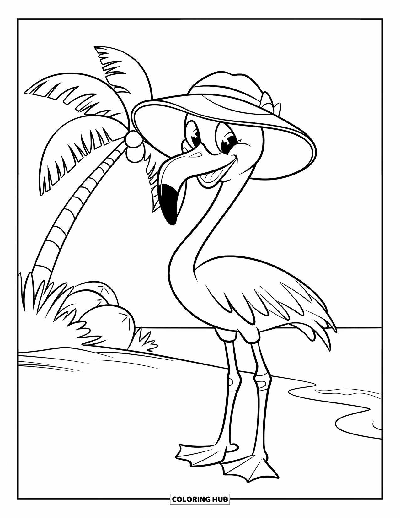 Flamingo Coloring Page for Kids: A flamingo in a sun hat stands by a palm tree with coconuts