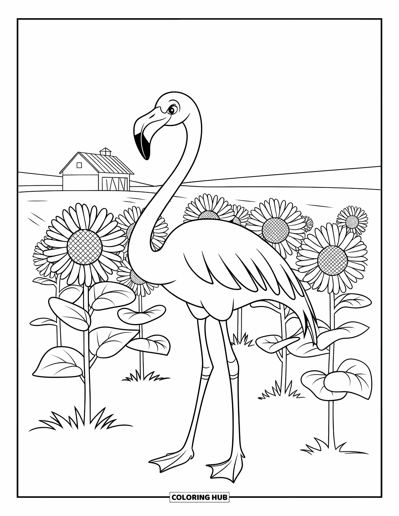 Flamingo Coloring Page for Kids: A flamingo in sunflowers stands by a barn under a clear sky