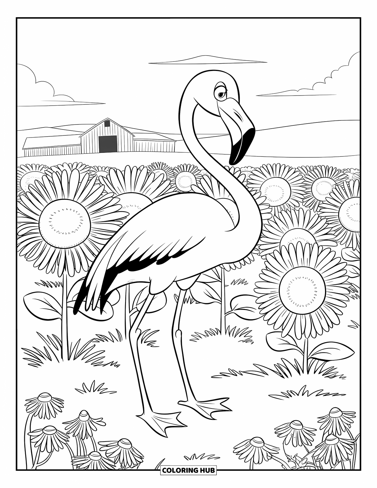 Flamingo Coloring Page for Kids: A flamingo in sunflowers stretches its neck with a barn in the background