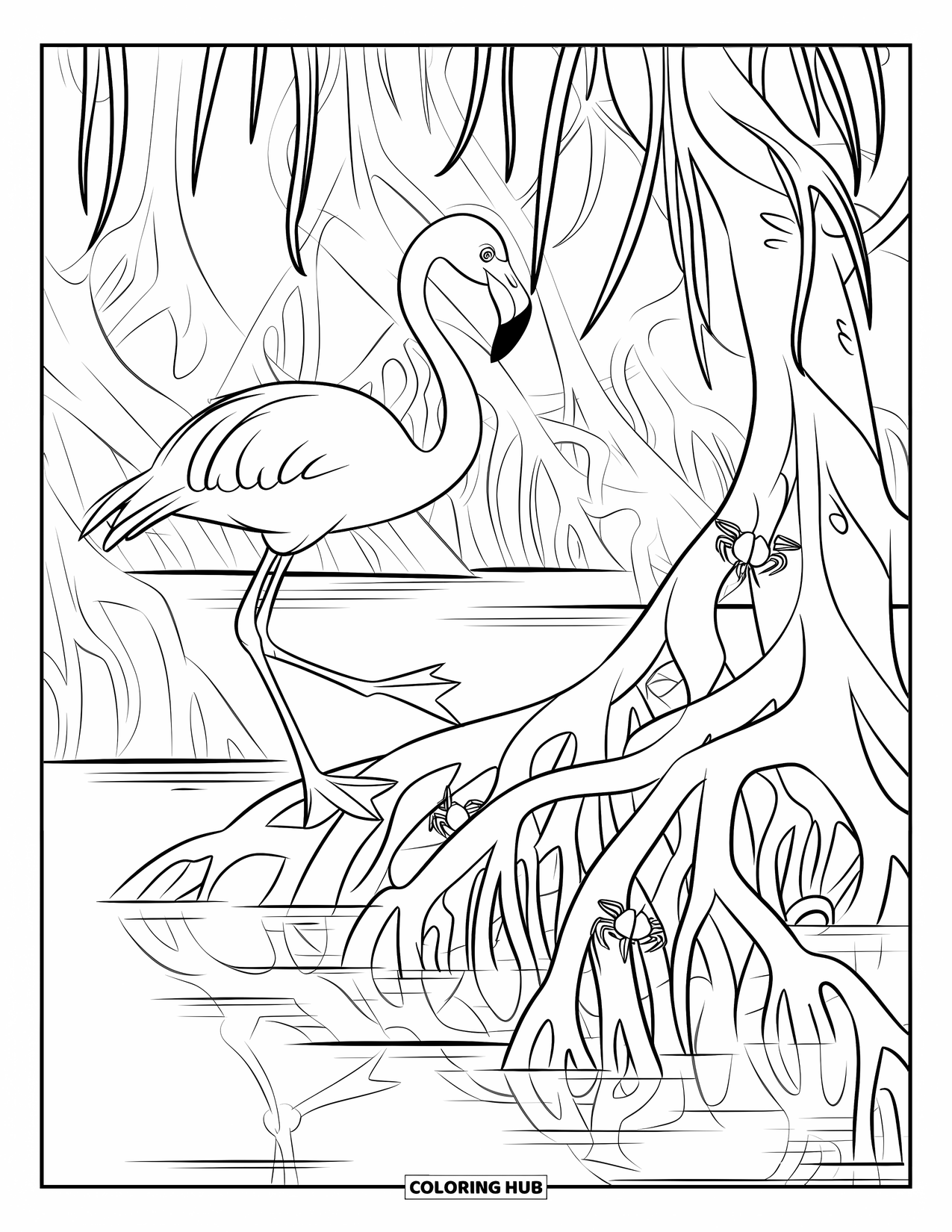 Flamingo Coloring Page for Kids: A flamingo navigates mangrove roots with crabs by a reflective water surface