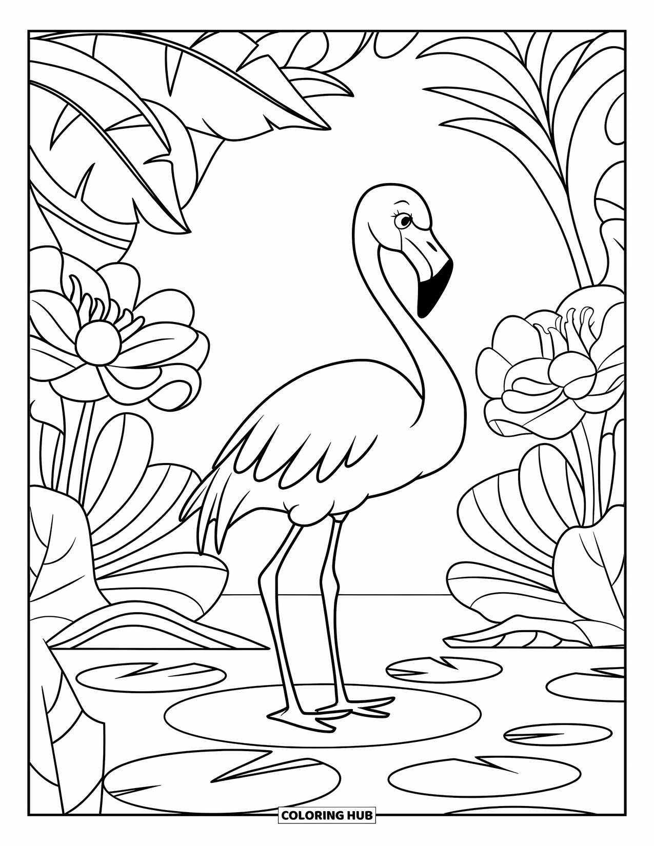 Flamingo Coloring Page for Kids: A flamingo on a lily pad stands among large flowers and leaves
