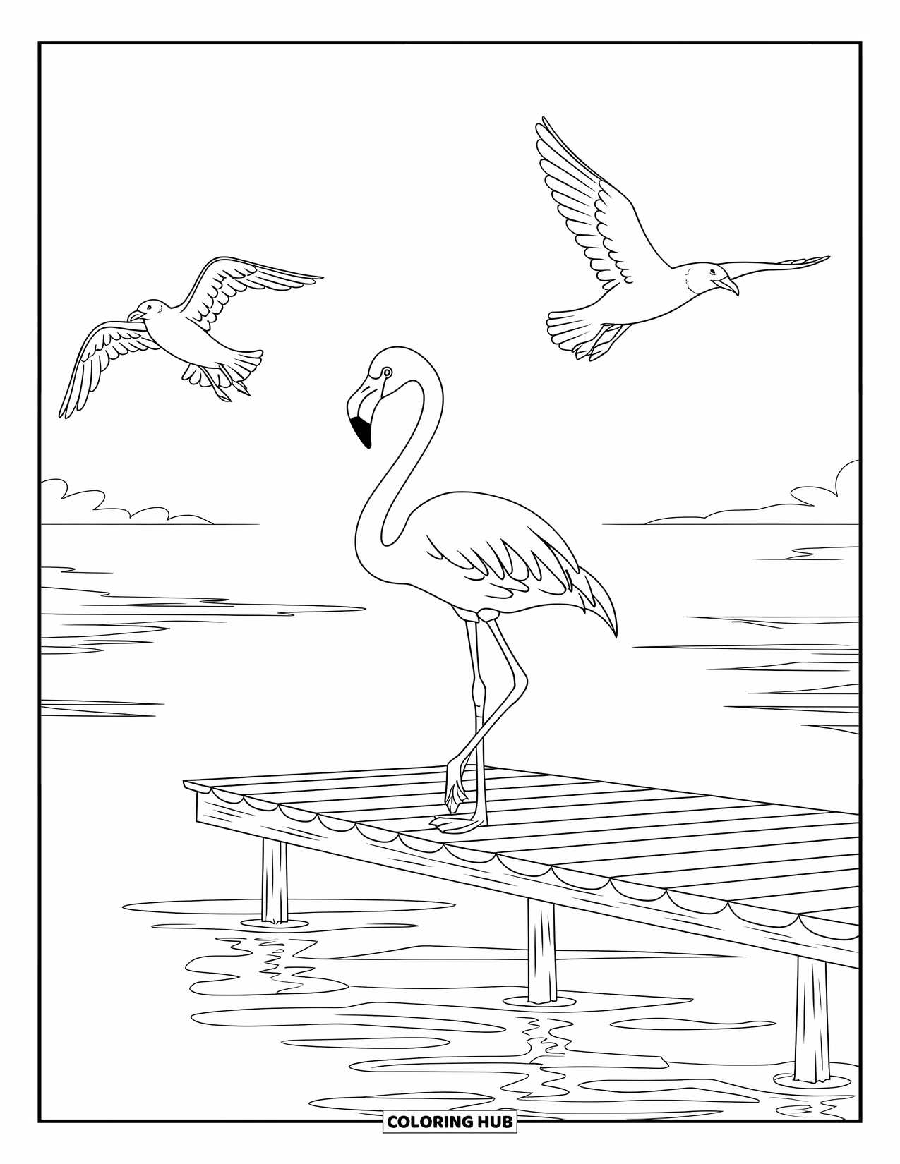 Flamingo Coloring Page for Kids: A flamingo on a pier stands with seagulls flying overhead