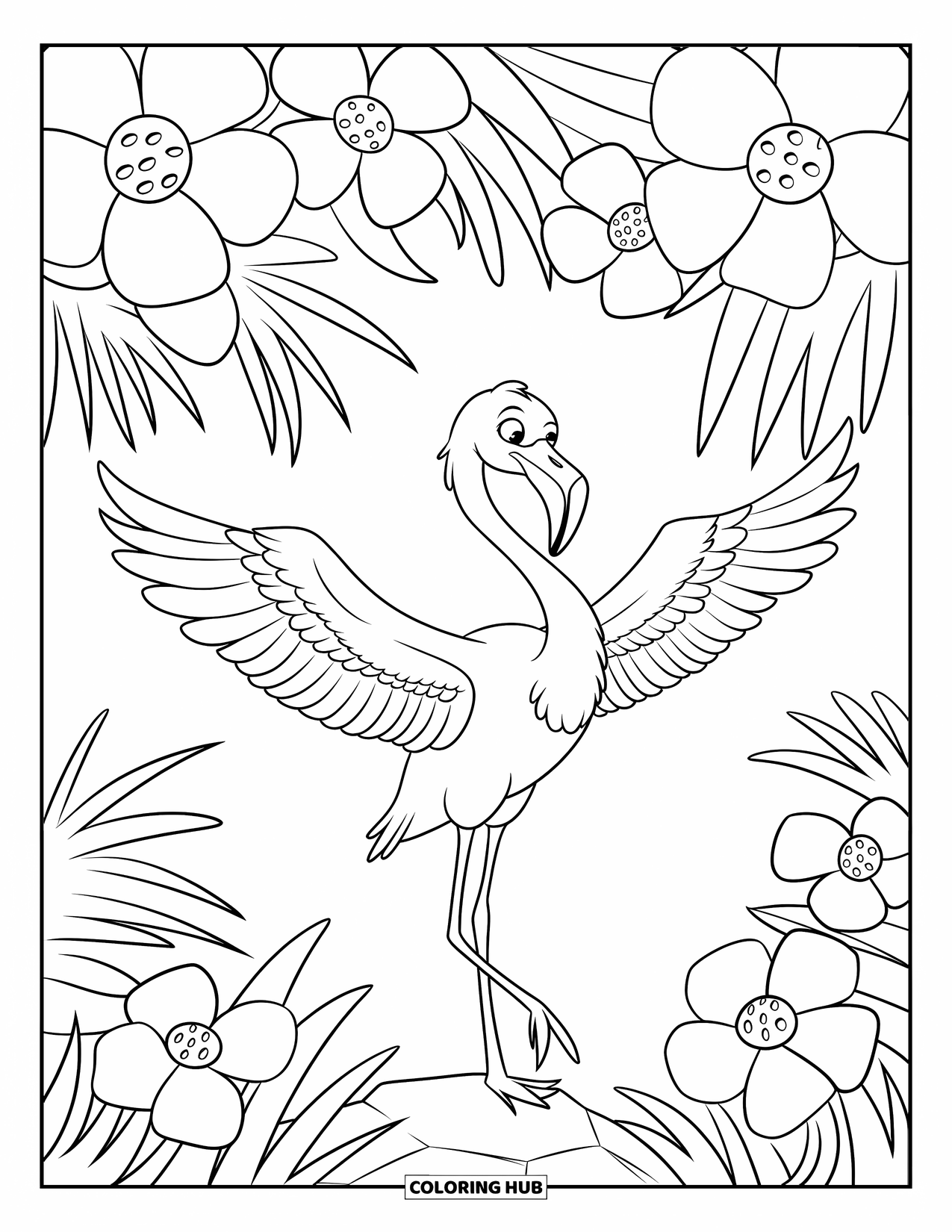 Flamingo Coloring Page for Kids: A flamingo on a rock spreads its wings under large tropical flowers