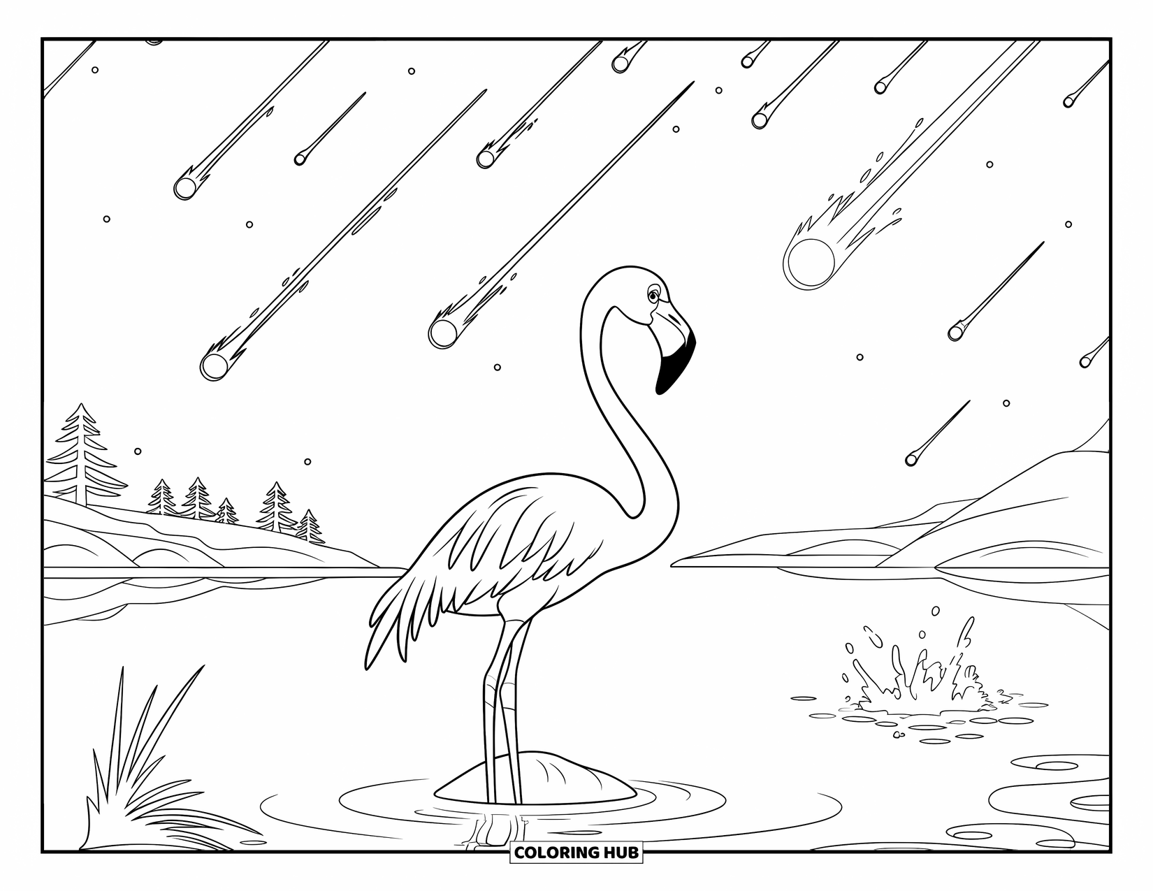 Flamingo Coloring Page for Kids: A flamingo on a rock watches a meteor shower above calm waters and mountains