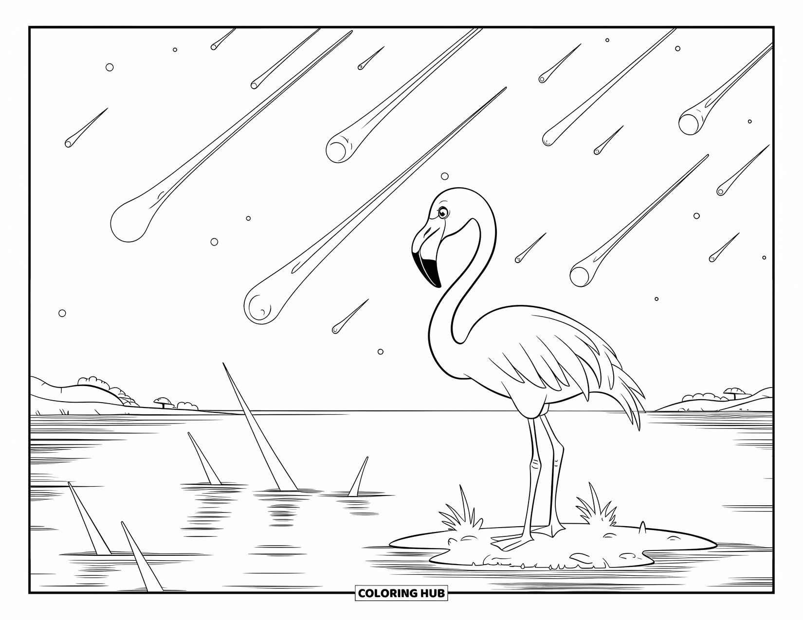 Flamingo Coloring Page for Kids: A flamingo on an island watches meteors over calm waters and a distant horizon