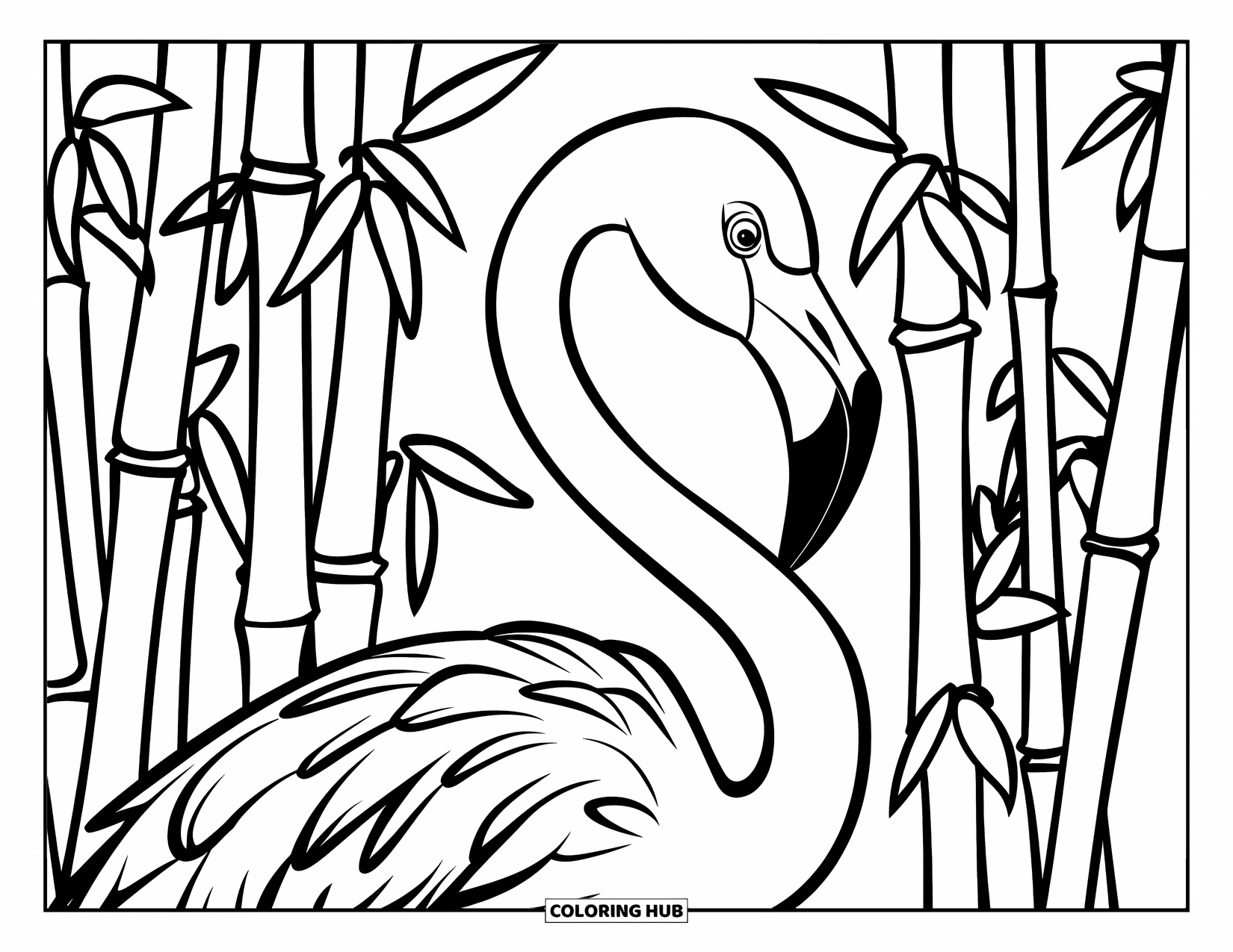 Flamingo Coloring Page for Kids: A flamingo peeks through bamboo surrounded by leaves and calm waters