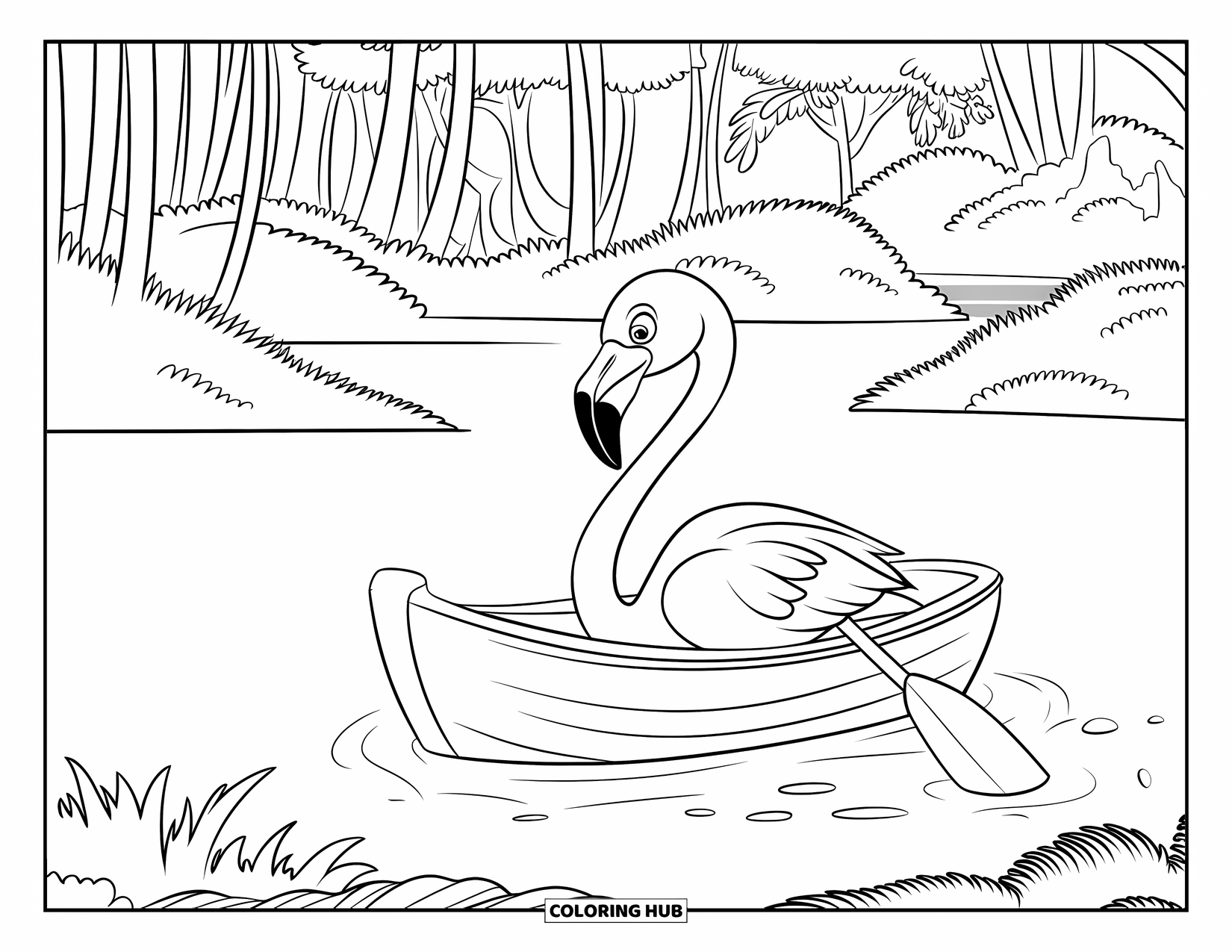 Flamingo Coloring Page for Kids: A flamingo sits in a small boat with paddles on calm water
