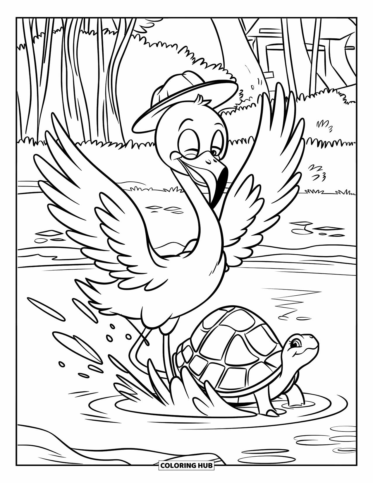 Flamingo Coloring Page for Kids: A flamingo splashes water near a turtle in a shallow pond with trees