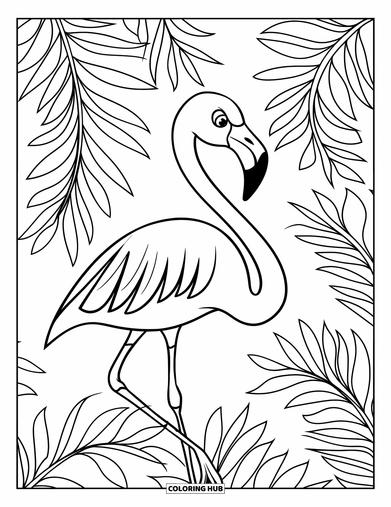 Flamingo Coloring Page for Kids: A flamingo stands among arching palm leaves with a clear sky above