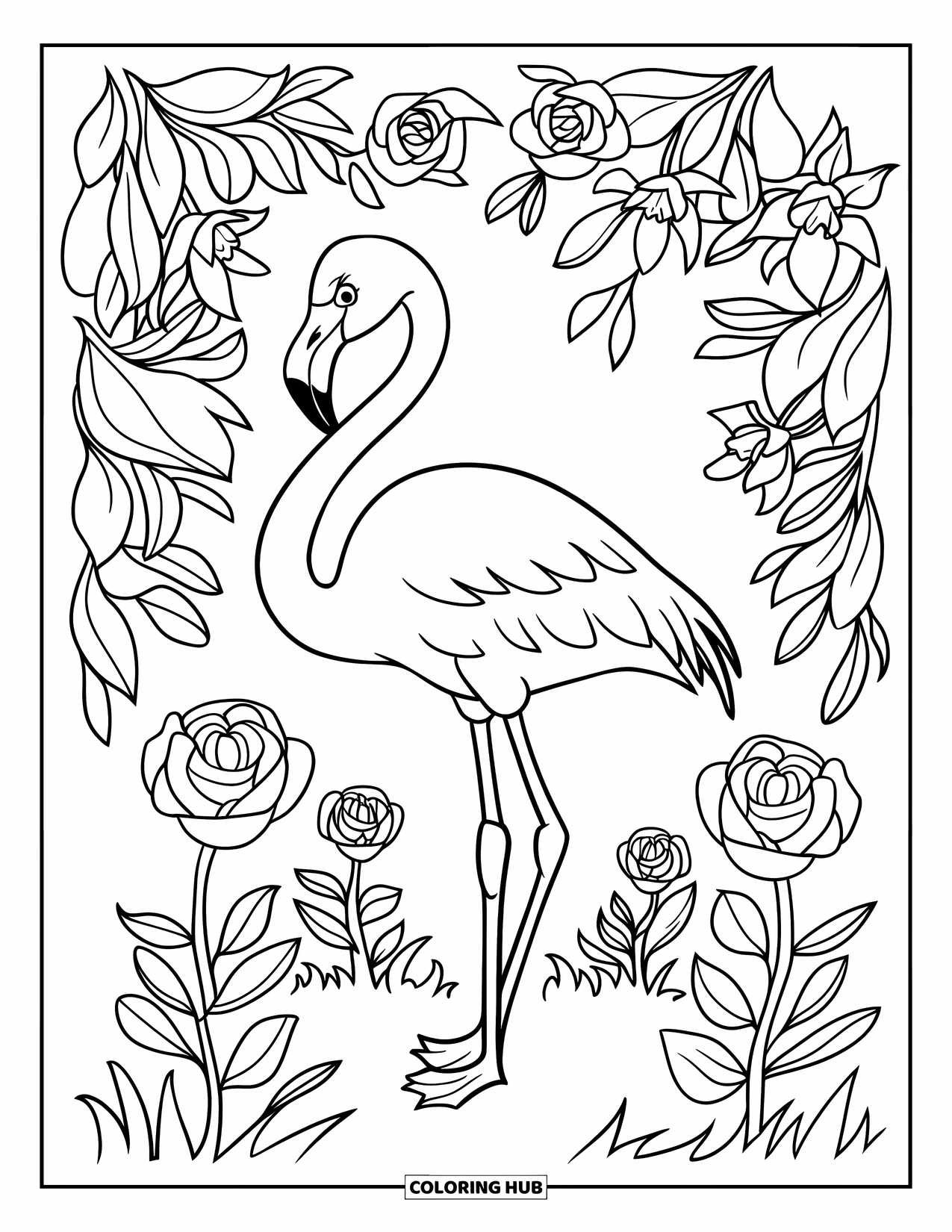 Flamingo Coloring Page for Kids: A flamingo stands among roses and orchids in an overgrown garden