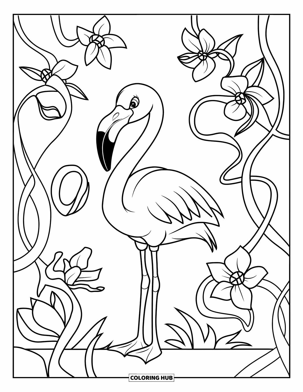 Flamingo Coloring Page for Kids: A flamingo stands among vines and flowers with bold outlines and clean lines