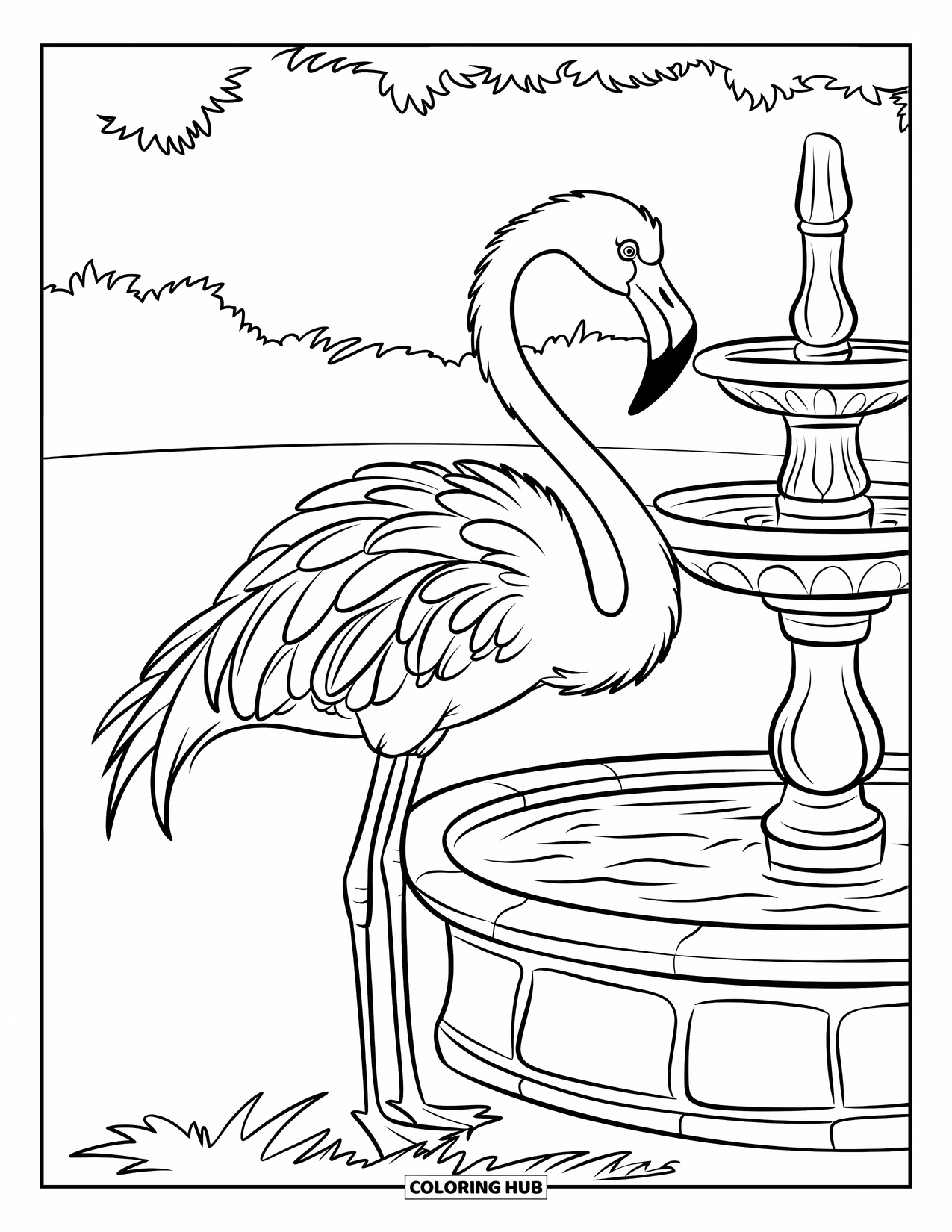 Flamingo Coloring Page for Kids: A flamingo stands by a classic stone fountain in a green landscape