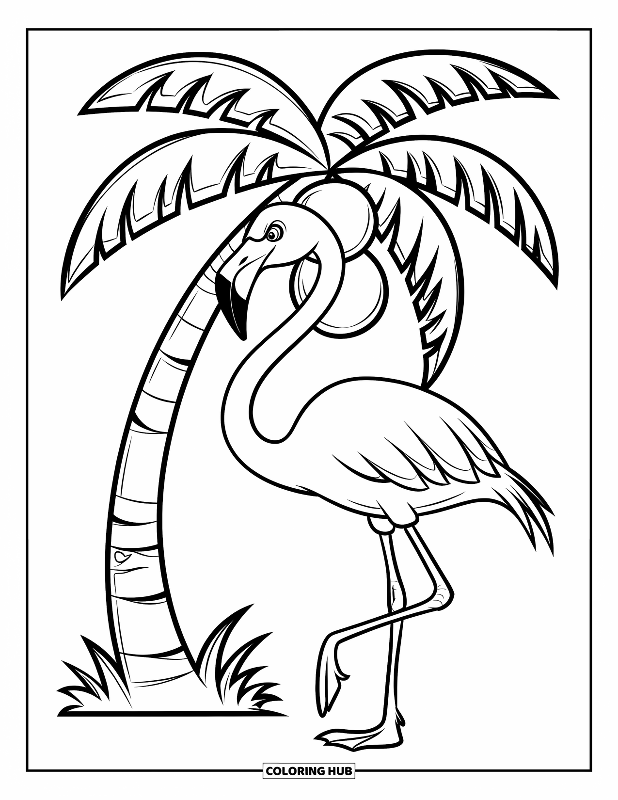 Flamingo Coloring Page for Kids: A flamingo stands by a coconut tree with a few coconuts hanging