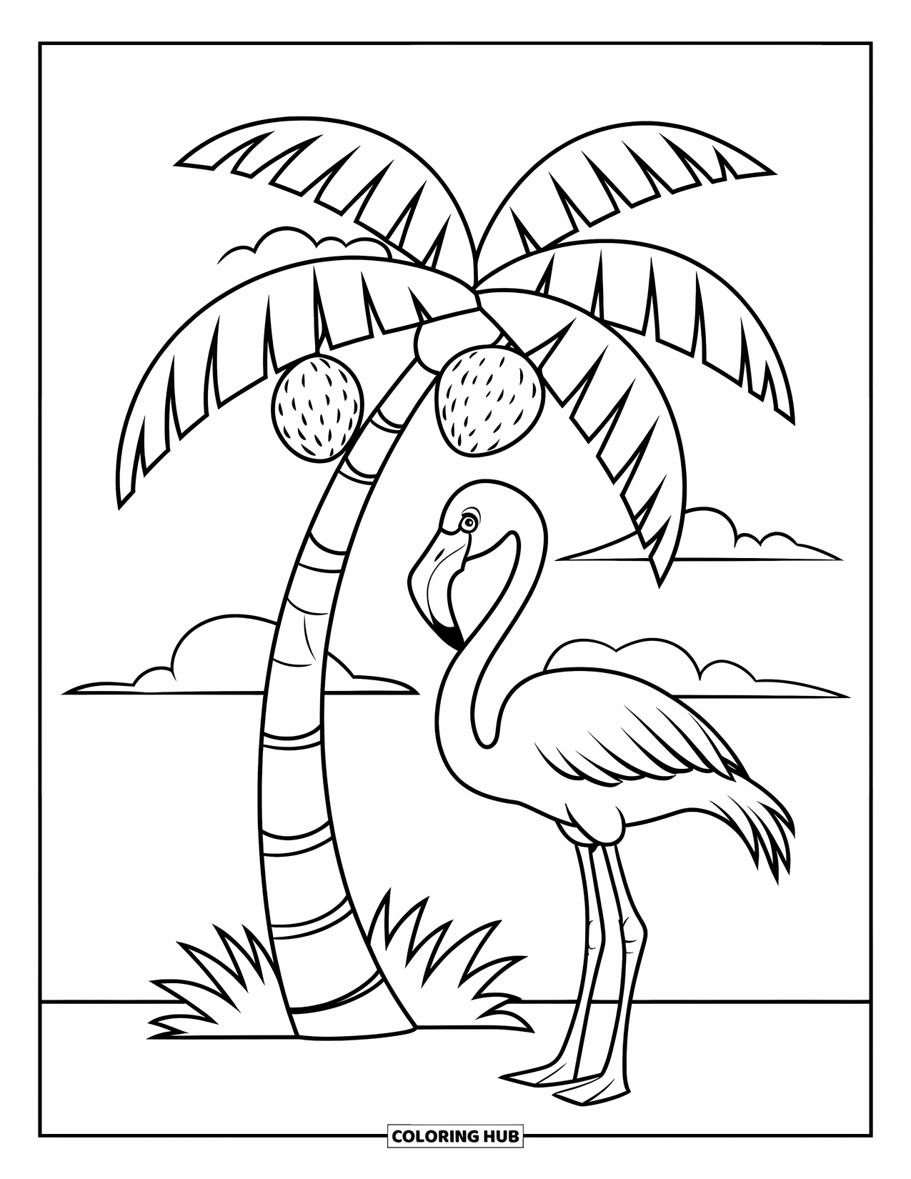 Flamingo Coloring Page for Kids: A flamingo stands by a coconut tree with large leaves and fluffy clouds