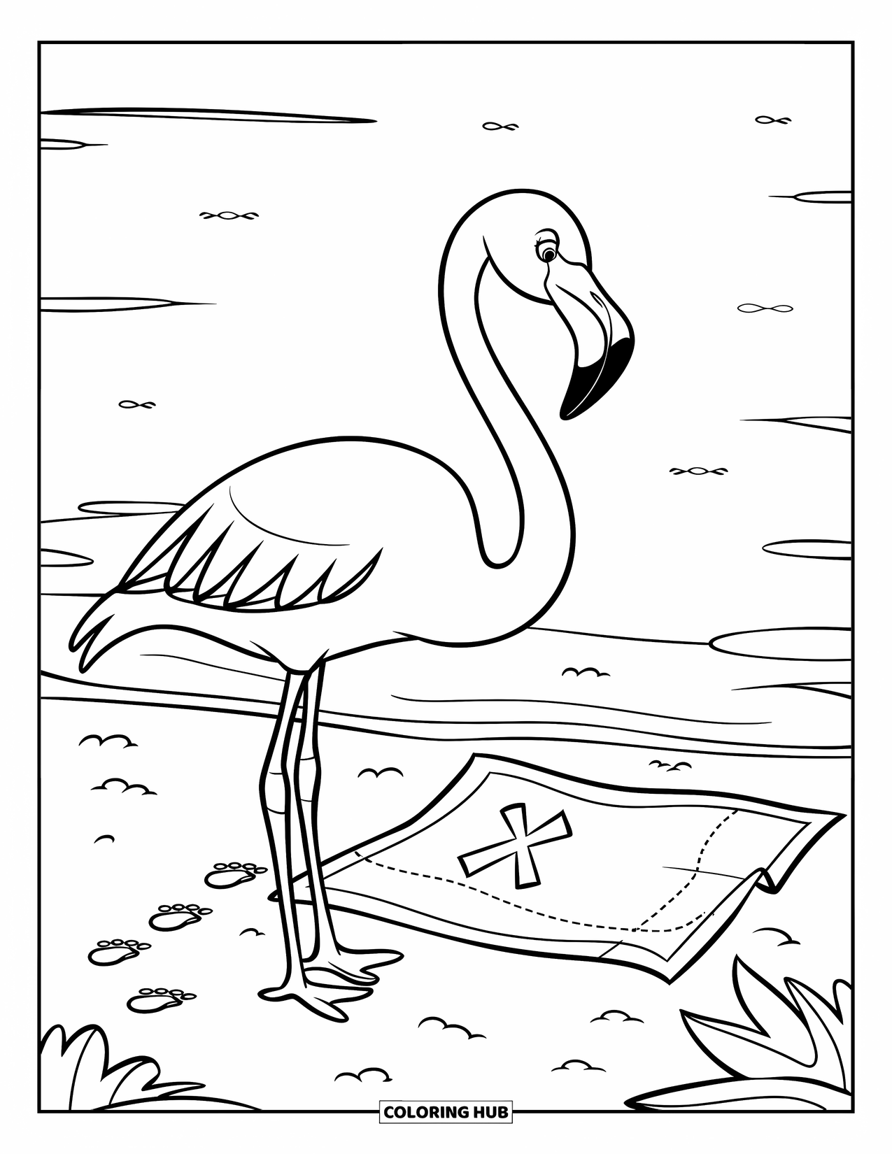 Flamingo Coloring Page for Kids: A flamingo stands by a map with footprints leading to a treasure chest