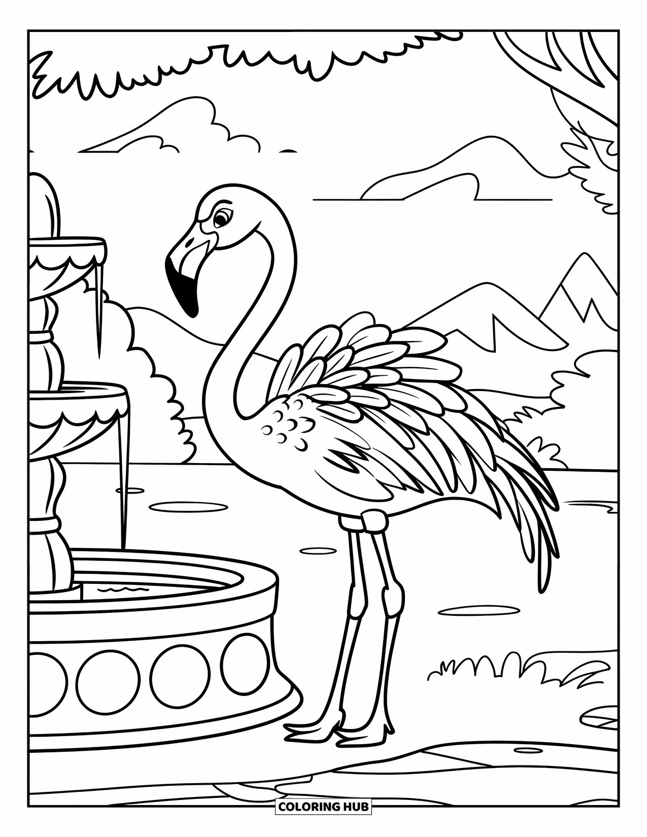 Flamingo Coloring Page for Kids: A flamingo stands by a stone fountain in a serene landscape