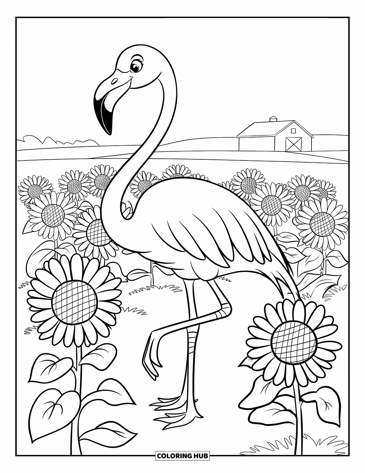 Flamingo Coloring Page for Kids: A flamingo stands in a field of sunflowers with a distant barn