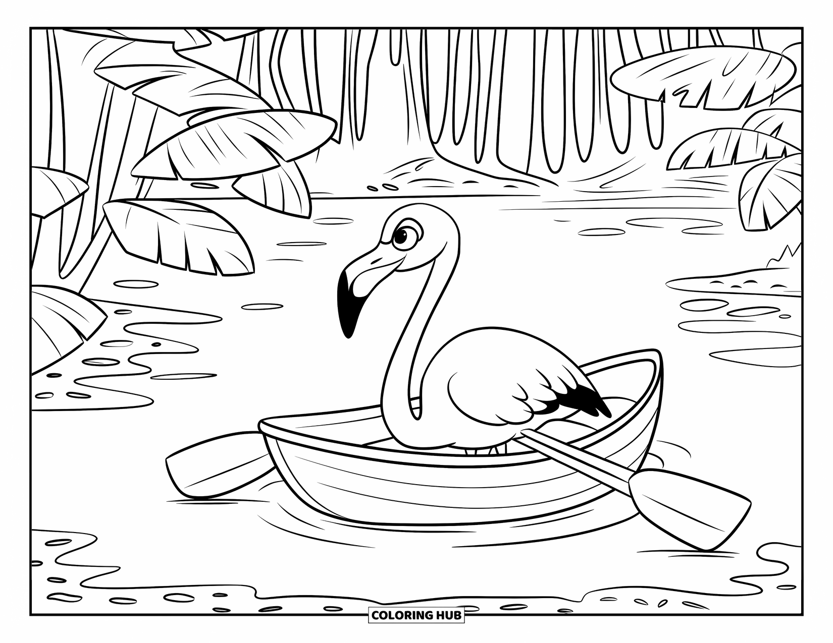 Flamingo Coloring Page for Kids: A flamingo stands in a small boat surrounded by tall trees and calm water