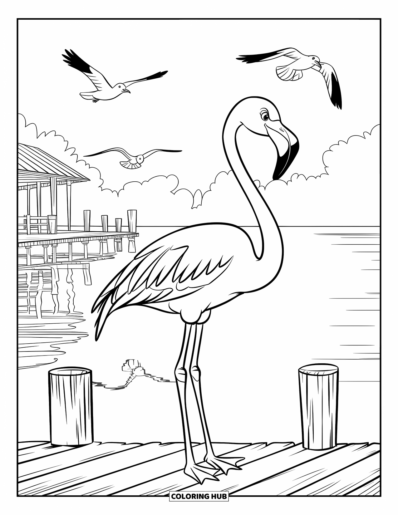 Flamingo Coloring Page for Kids: A flamingo stands on a pier overlooking a calm lake with seagulls