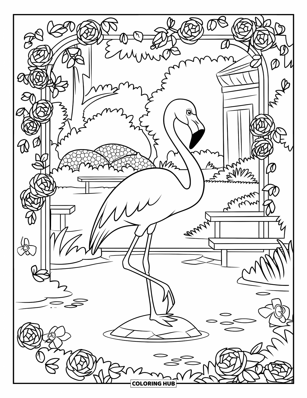 Flamingo Coloring Page for Kids: A flamingo stands on a rock in a garden of roses and orchids