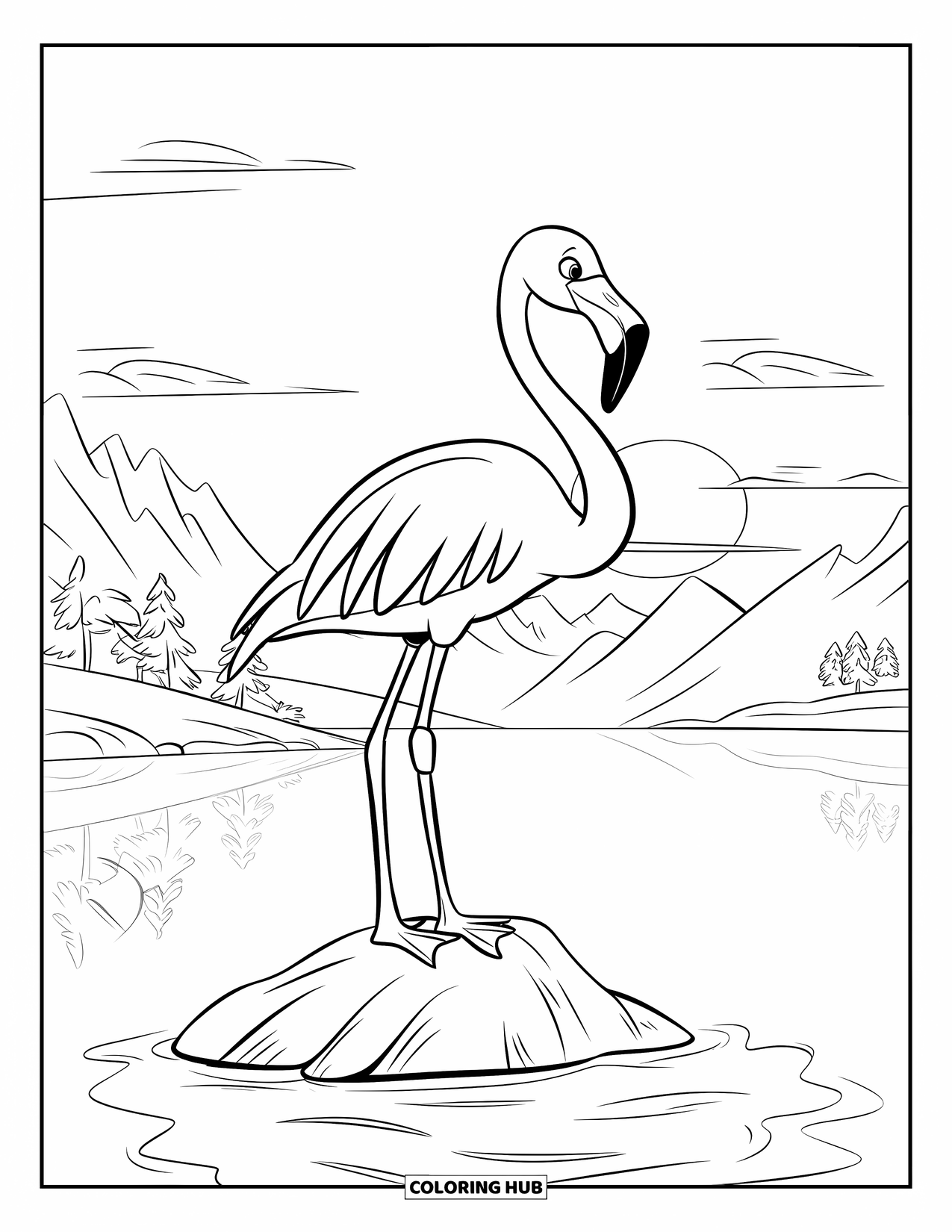 Flamingo Coloring Page for Kids: A flamingo stands on a rock in a lake watching the sunset with trees nearby