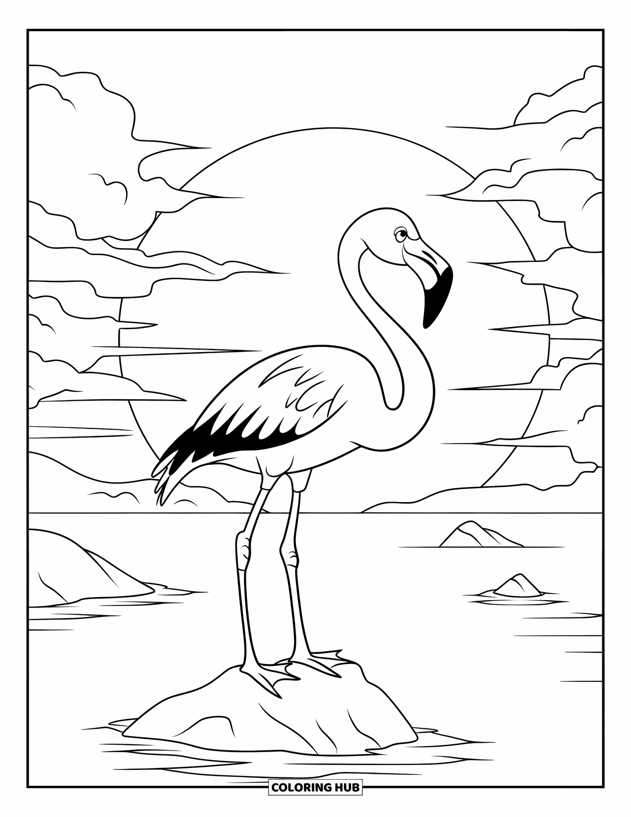 Flamingo Coloring Page for Kids: A flamingo stands on a rock in a lake with a sunset and small islands