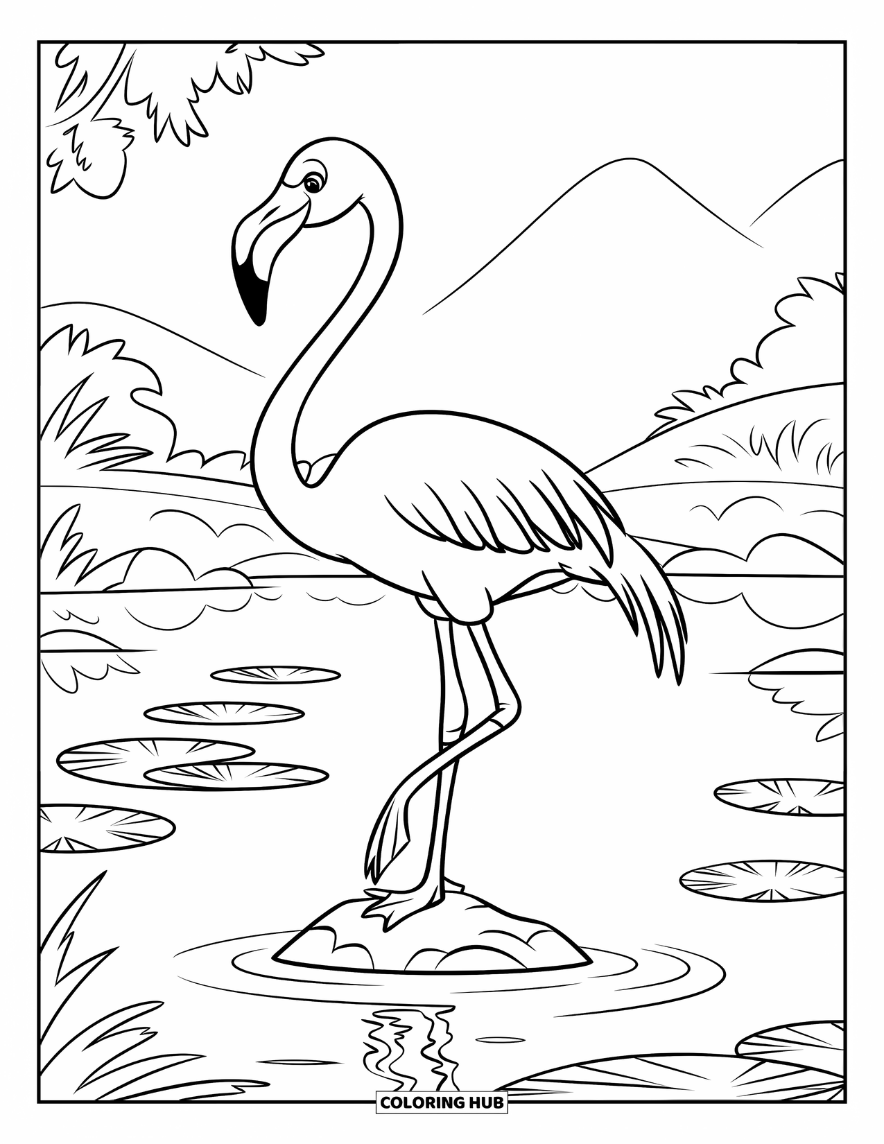 Flamingo Coloring Page for Kids: A flamingo stands on a rock in a pond with lily pads and trees nearby