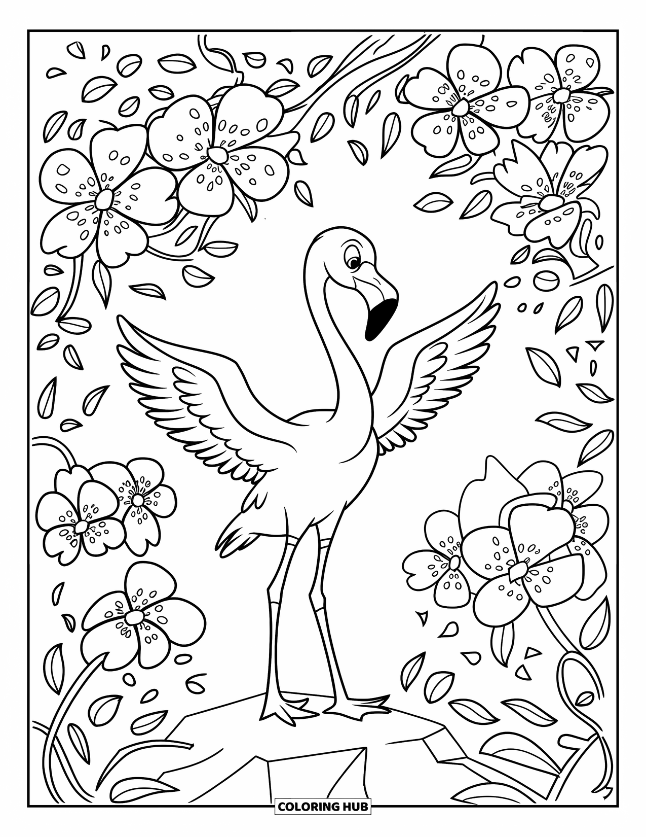 Flamingo Coloring Page for Kids: A flamingo stands on a rock under blooming tropical flowers and vines