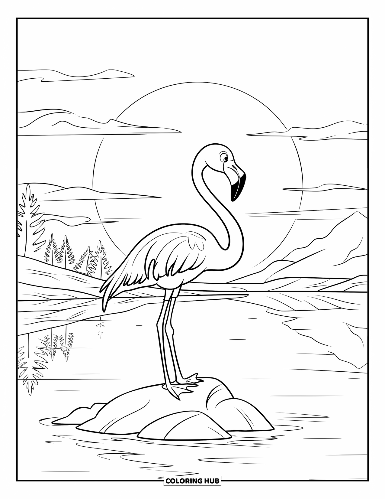 Flamingo Coloring Page for Kids: A flamingo stands on a rock watching a sunset over a calm lake