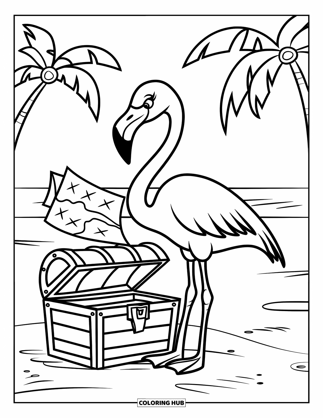 Flamingo Coloring Page for Kids: A flamingo stands on a treasure chest beside a map with palm trees