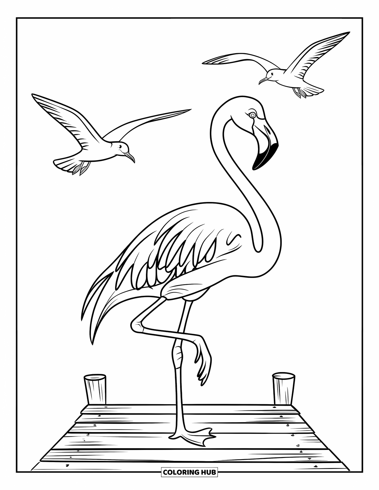 Flamingo Coloring Page for Kids: A flamingo stands on a wooden pier with seagulls and calm waters