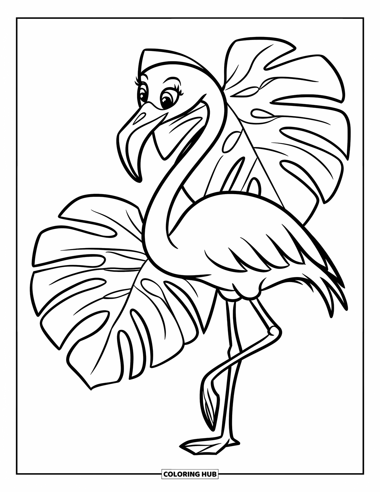 Flamingo Coloring Page for Kids: A flamingo stands on one leg by a large monstera plant