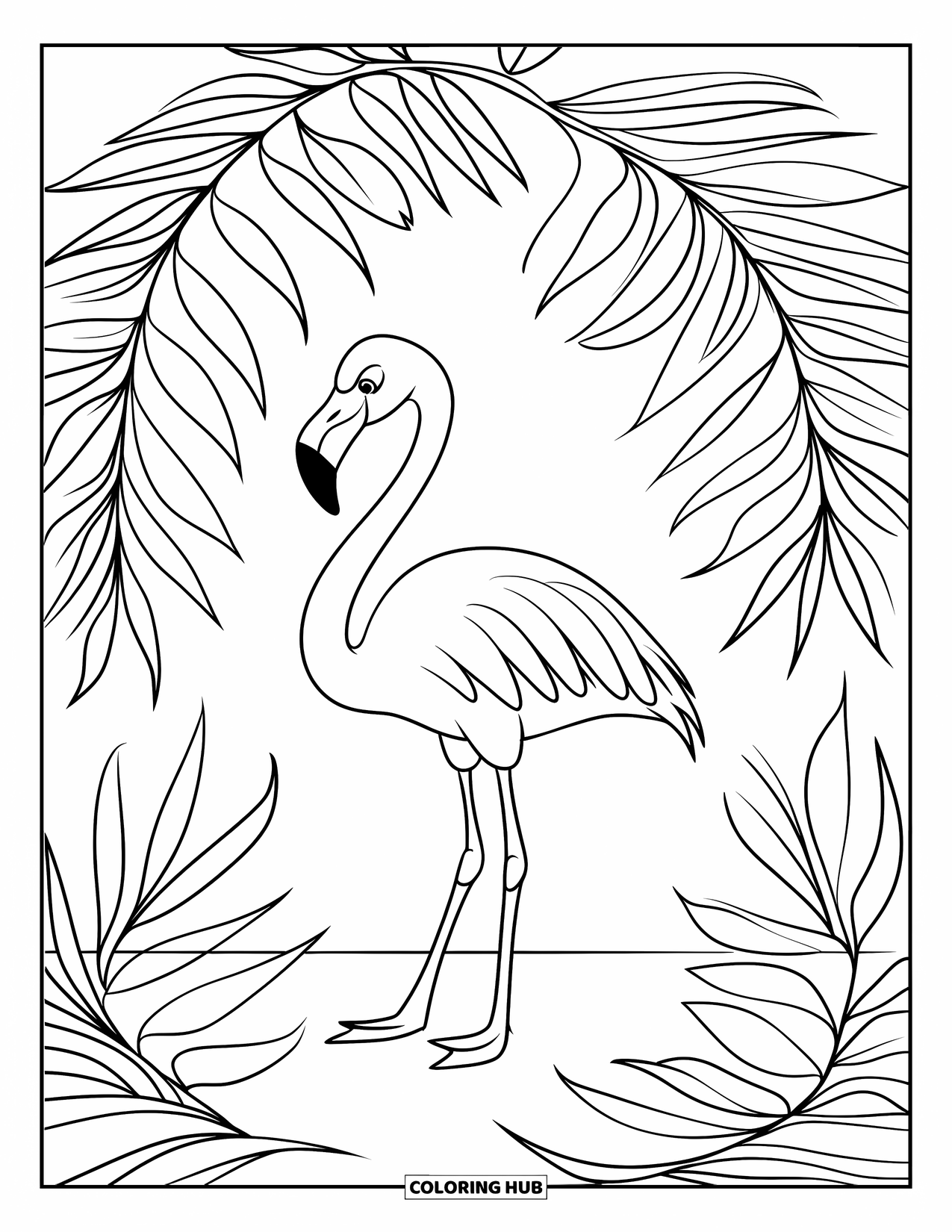 Flamingo Coloring Page for Kids: A flamingo stands under arching palm leaves on a clear, open surface