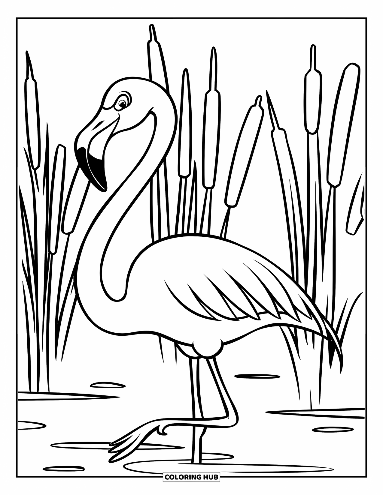 Flamingo Coloring Page for Kids: A flamingo wades through water with tall reeds swaying around it