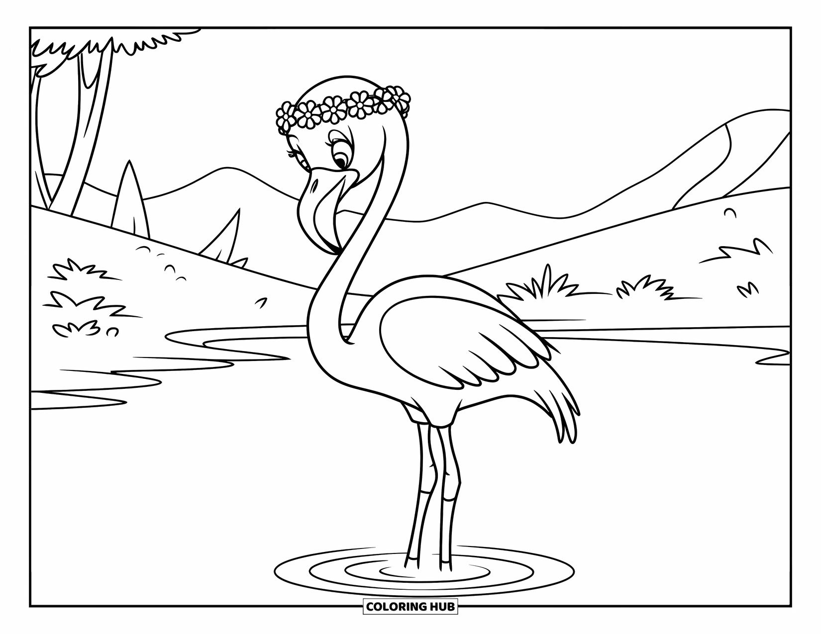 Flamingo Coloring Page for Kids: A flamingo with a flower crown stands on rippling water by trees and mountains