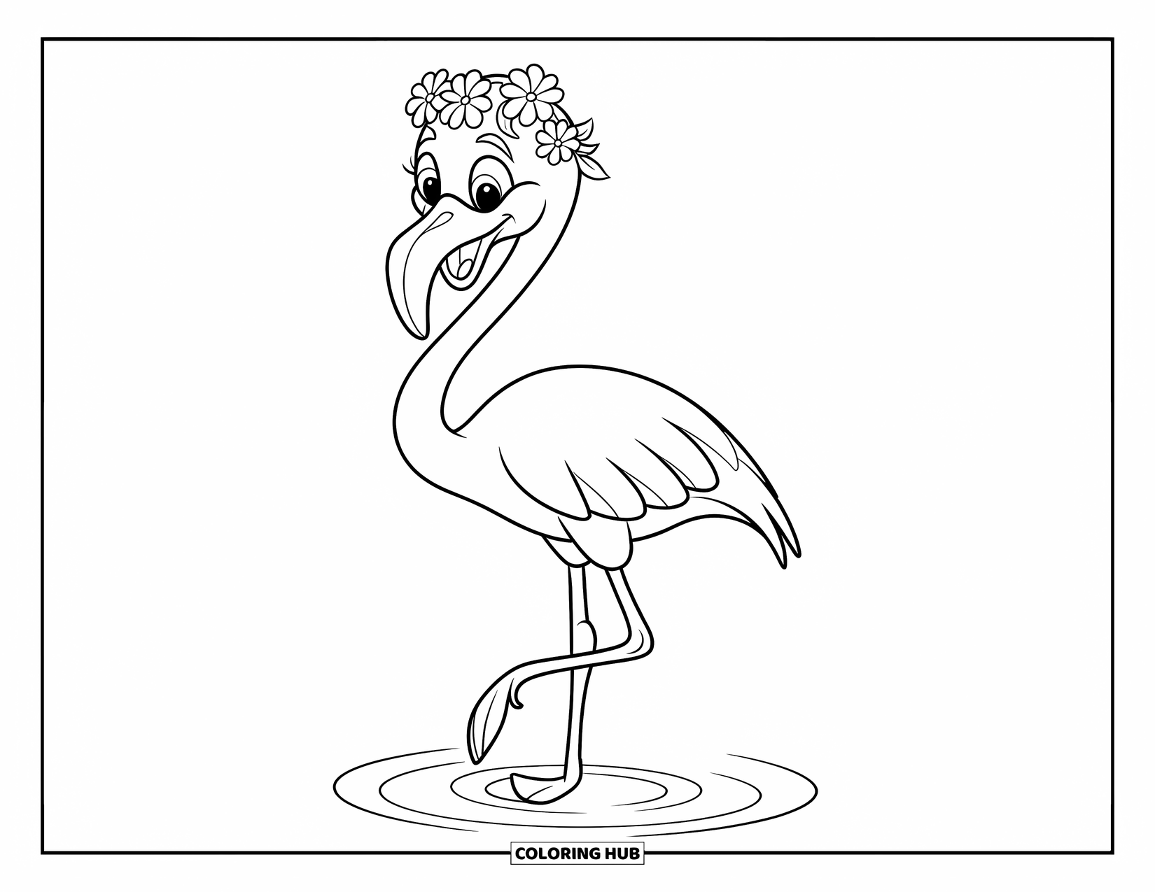 Flamingo Coloring Page for Kids: A flamingo with a flower crown stands on rippling water with a white background