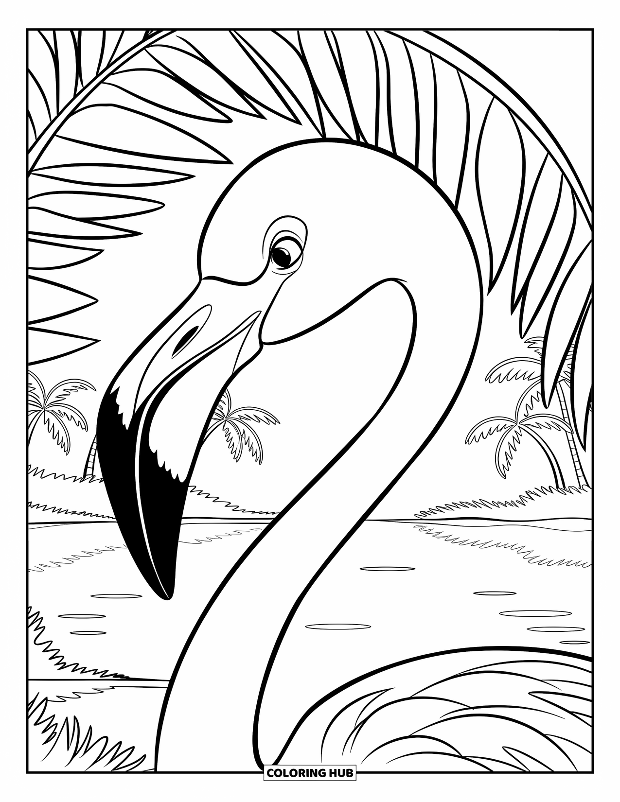 Flamingo Coloring Page for Kids: A flamingo with a stretched neck stands by palm trees near calm waters