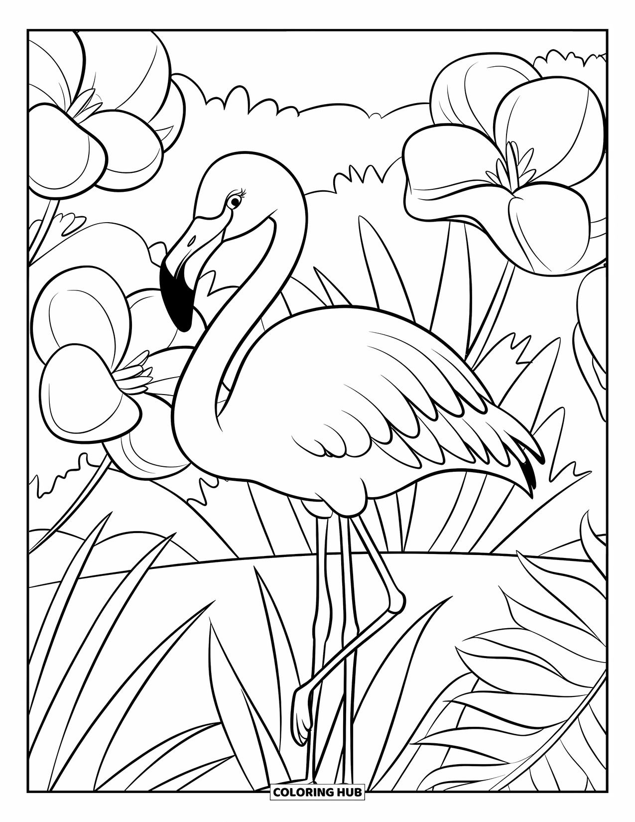 Flamingo Coloring Page for Kids: A flamingo with crossed legs stands among giant flowers and tropical leaves