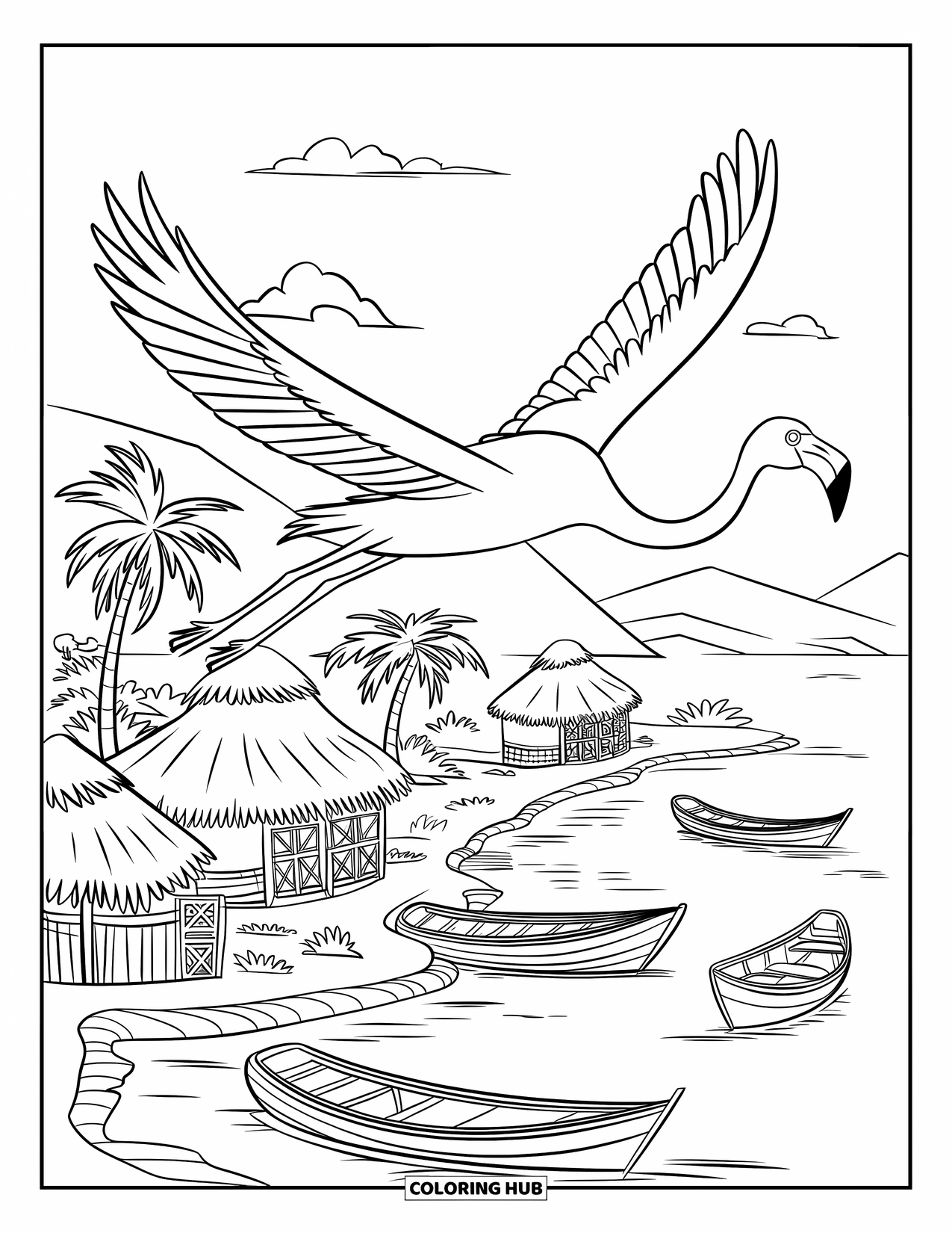 Flamingo Coloring Page for Kids: A flamingo with extended legs flies above a village with huts and palm trees