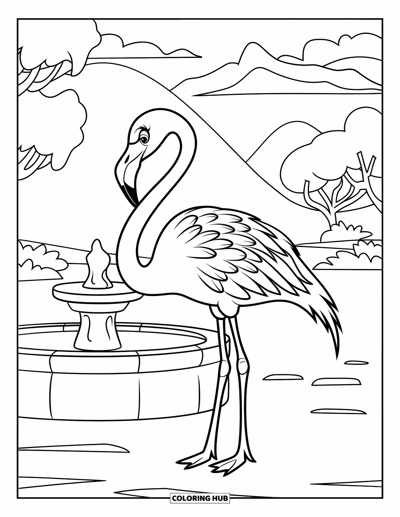 Flamingo Coloring Page for Kids: A flamingo with feathers stands by a fountain surrounded by trees