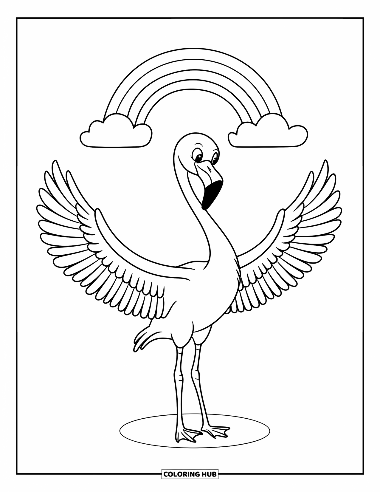 Flamingo Coloring Page for Kids: A flamingo with wings spread stands under a rainbow on a simple background