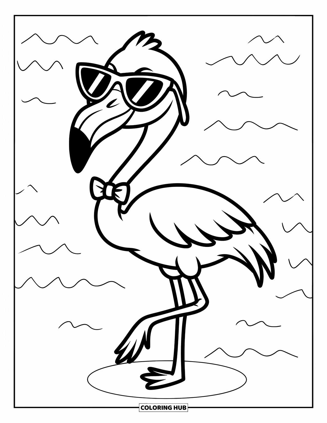 Flamingo Coloring Page for Kids: A happy flamingo in sunglasses and a bowtie stands on wavy lines