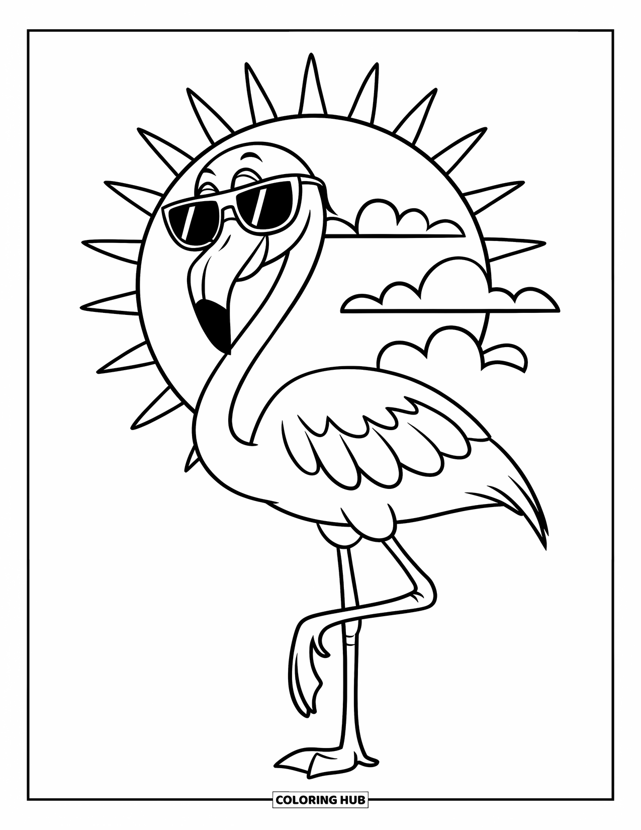 Flamingo Coloring Page for Kids: A smiling flamingo in sunglasses stands on one leg with a sun and clouds