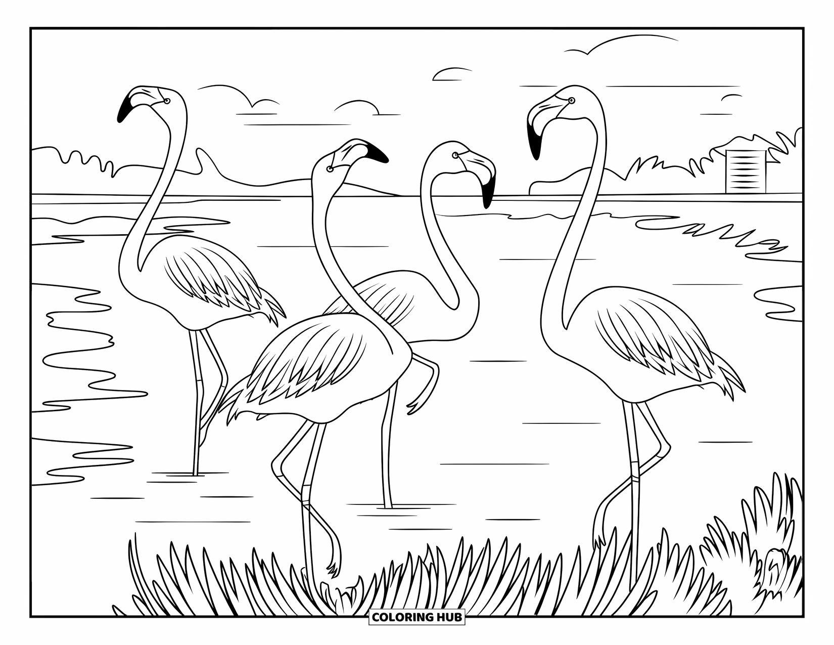 Flamingo Coloring Page for Kids: Three flamingos pose in a wetland with calm waters and warm skies