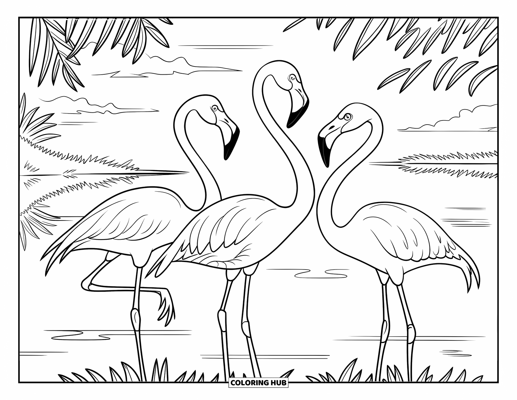 Flamingo Coloring Page for Kids: Three flamingos pose in sync at sunset in a wetland