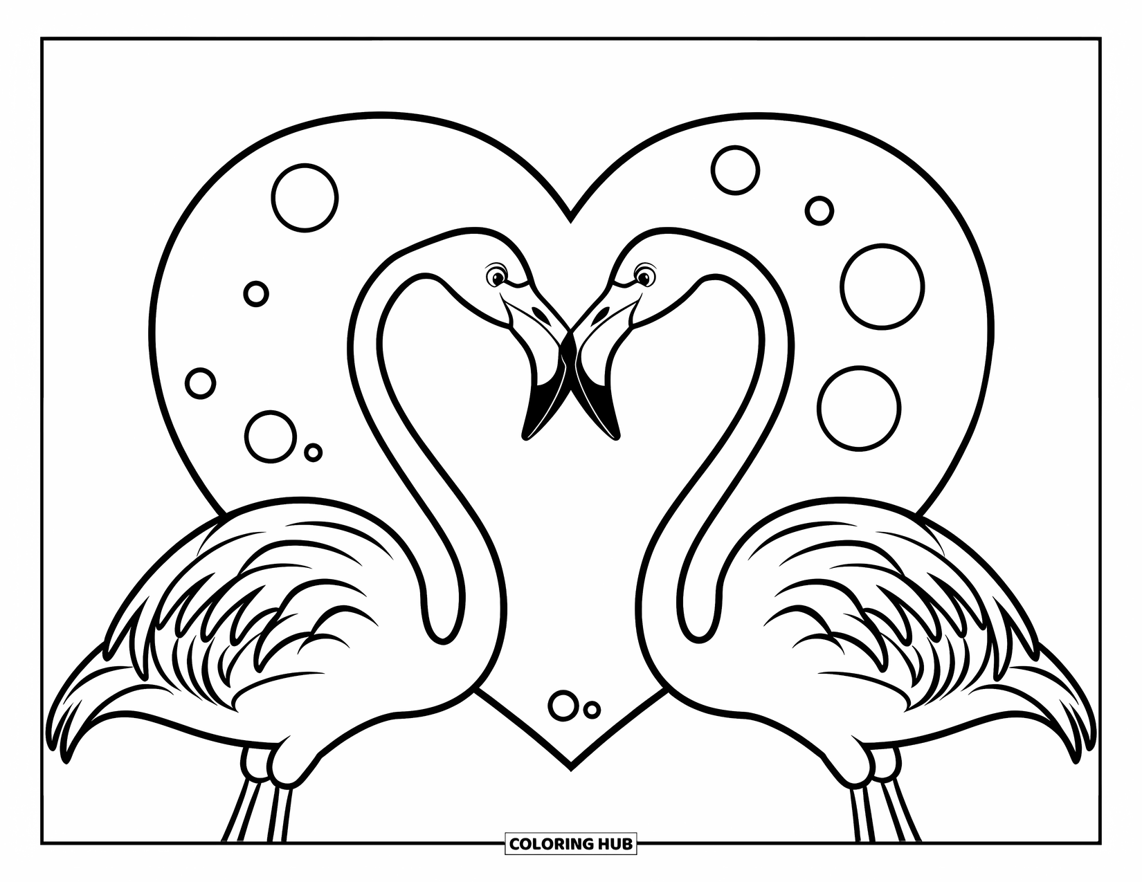 Flamingo Coloring Page for Kids: Two flamingos form a heart shape with bubbles floating above them