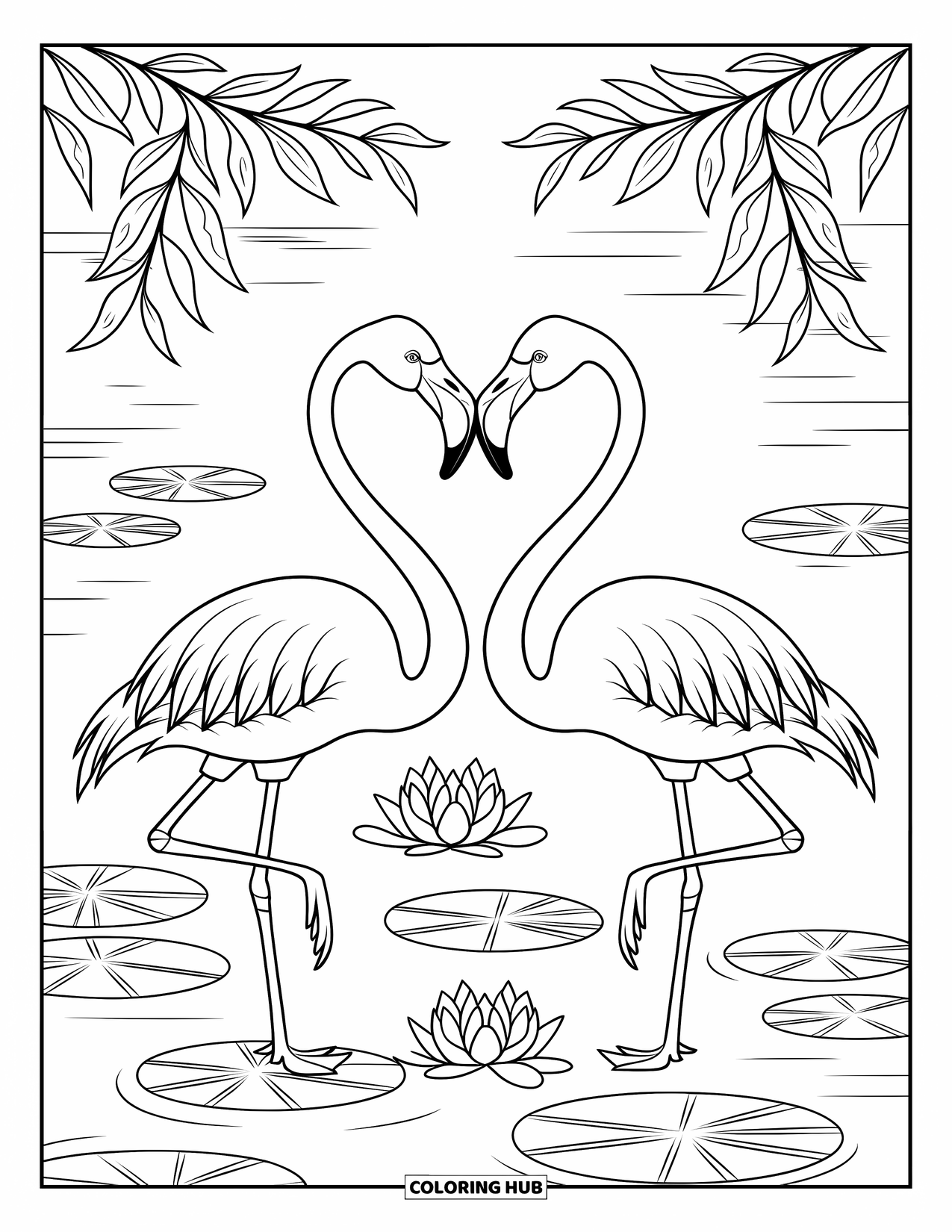 Flamingo Coloring Page for Kids: Two flamingos form a heart shape with their necks among water lilies