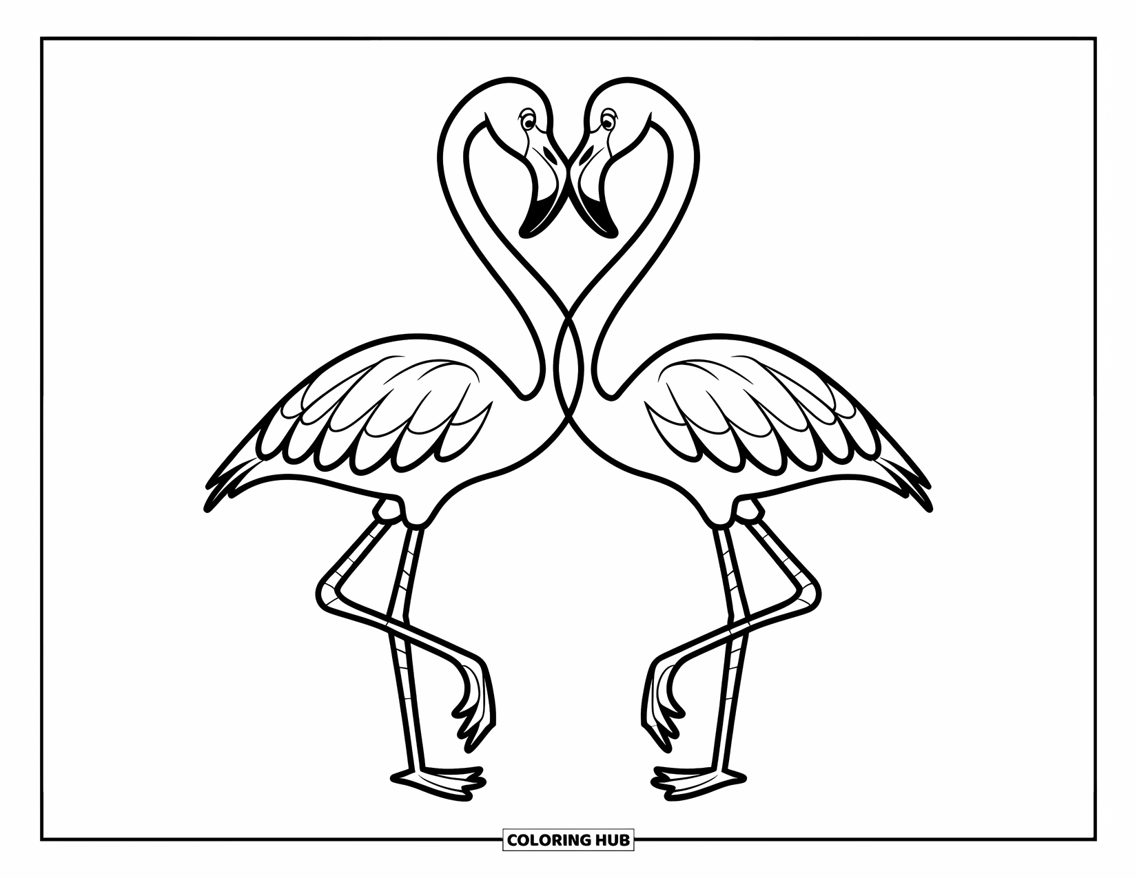 Flamingo Coloring Page for Kids: Two flamingos form a heart shape with their necks on a white background