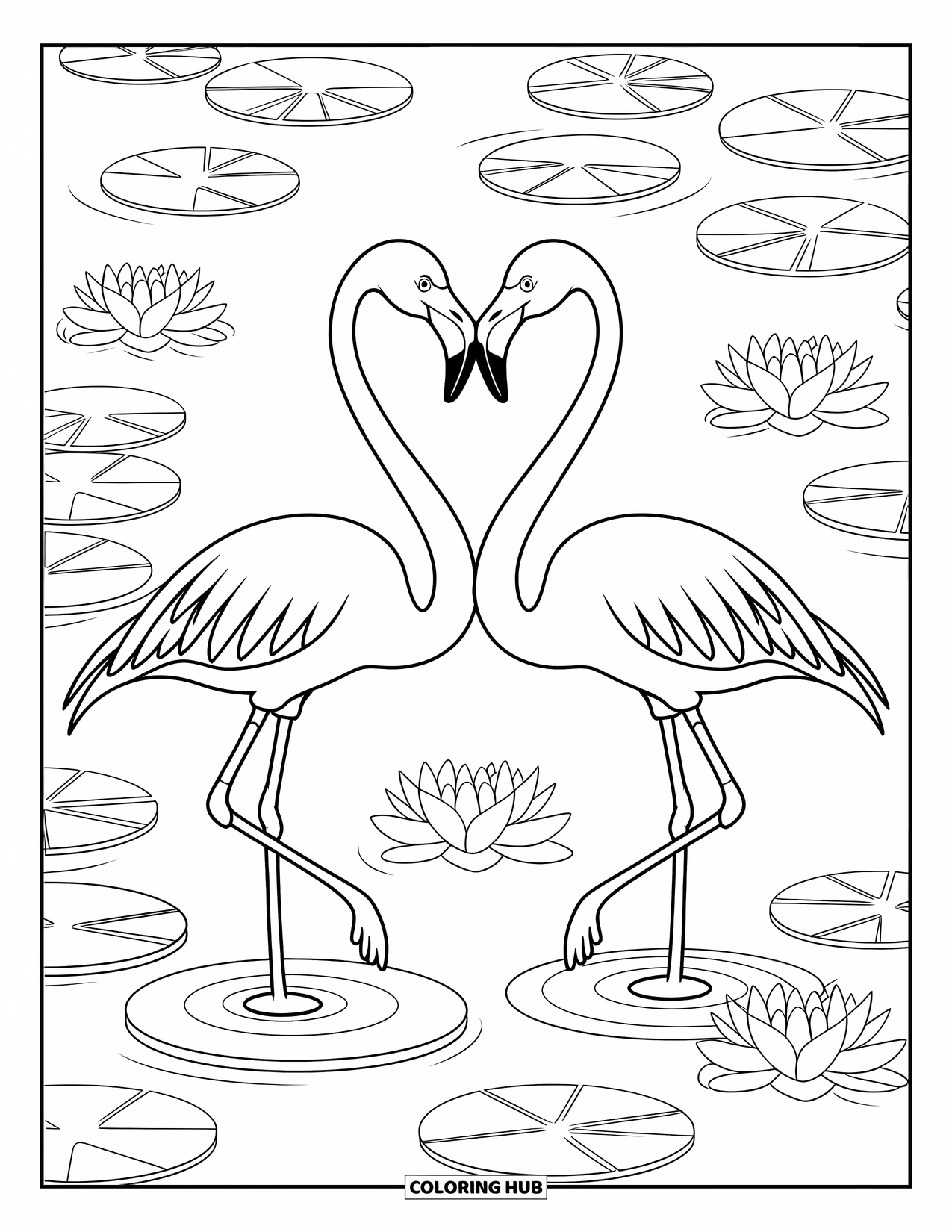 Flamingo Coloring Page for Kids: Two flamingos in water form a heart shape with lilies floating nearby