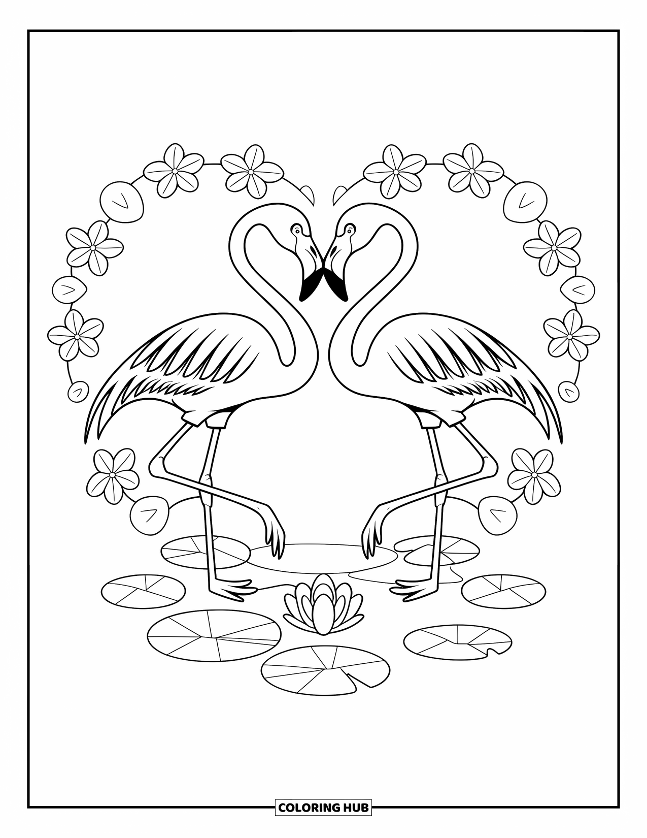 Flamingo Coloring Page for Kids: Two flamingos make a heart shape with their necks surrounded by water lilies